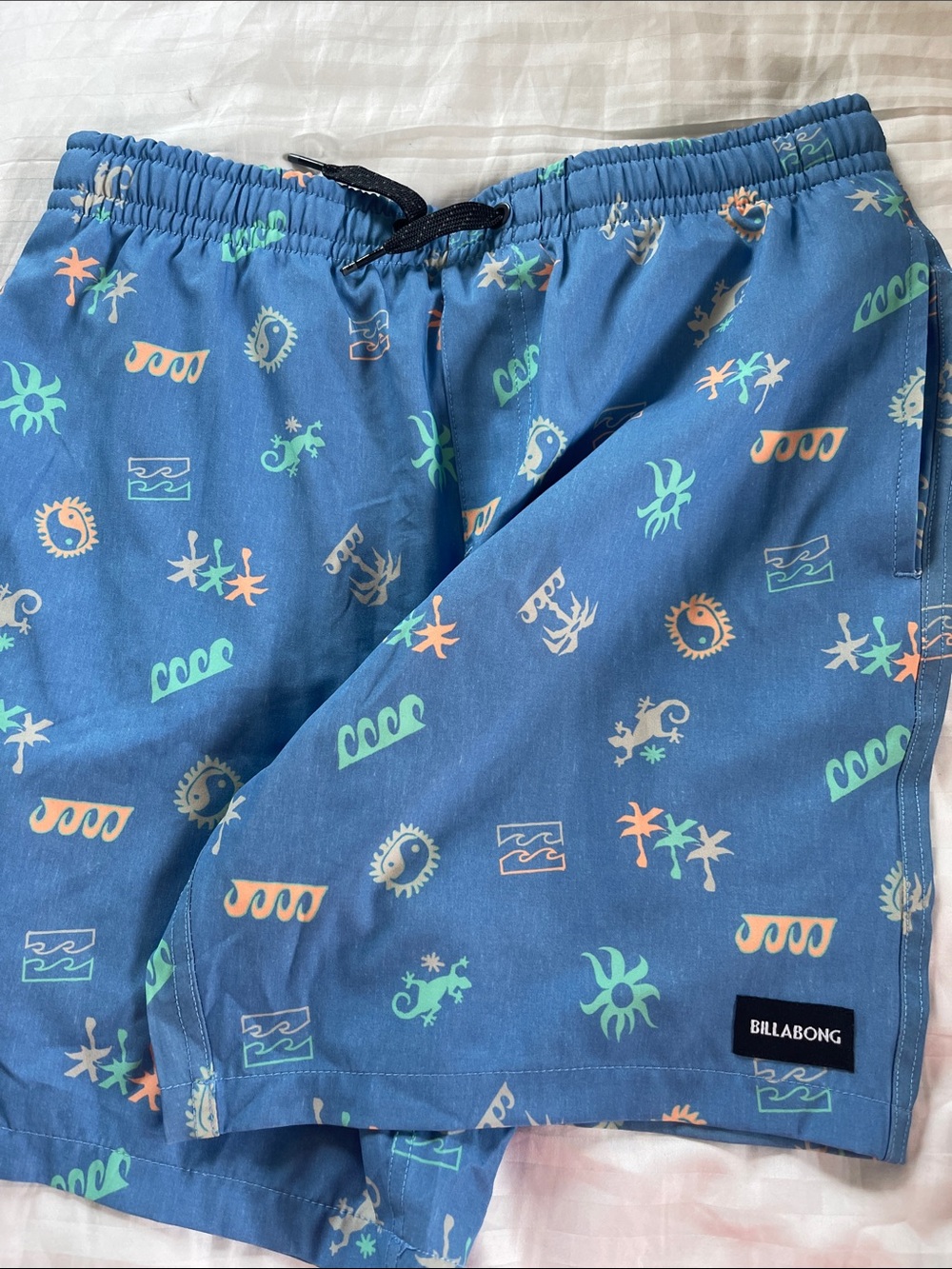 Billabong Blue Swim Shorts with Pastel Tropical Icons